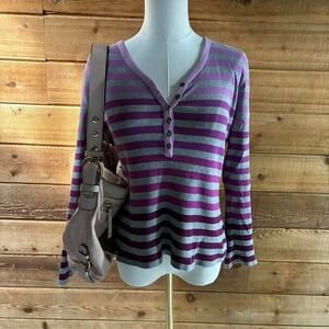 Y2K Purple & grey striped long Henley sleeve top with button details